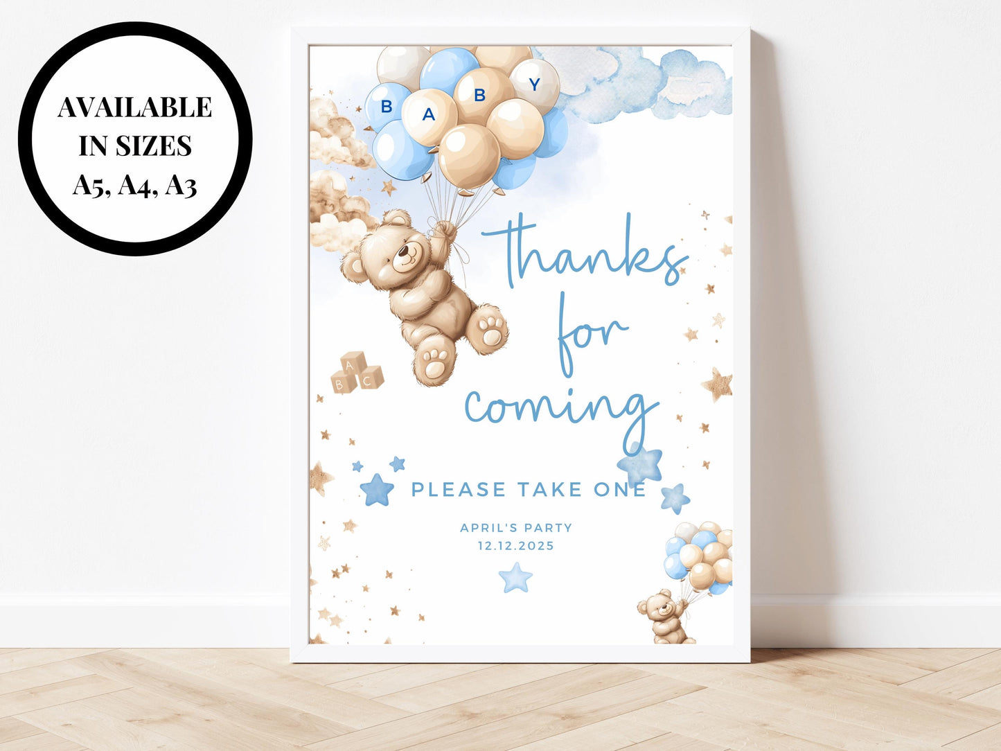 Thanks for Coming Baby Shower Sign/ Personalised Please Take One Gender Reveal Bear/ We Can Bearly Wait/ Baby Boy Blue Balloons Favours