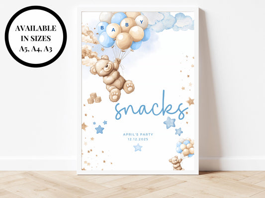 Snacks Baby Shower Sign/ Personalised Food Sweets Gender Reveal Neutral Bear Poster/ We Can Bearly Wait/ Baby Boy Blue Balloons Decor