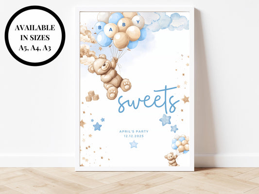 Sweets Baby Shower Sign/ Personalised Pick n Mix Cake Gender Reveal Neutral Bear Poster/ We Can Bearly Wait/ Baby Boy Blue Balloons Decor