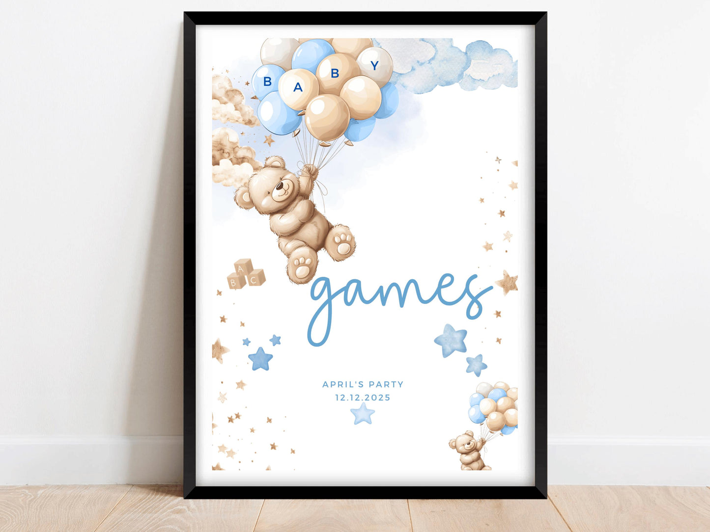 Games Baby Shower Sign/ Personalised Gender Reveal Neutral Bear Poster/ We Can Bearly Wait Party Games/ Baby Boy Blue Balloons Decorations