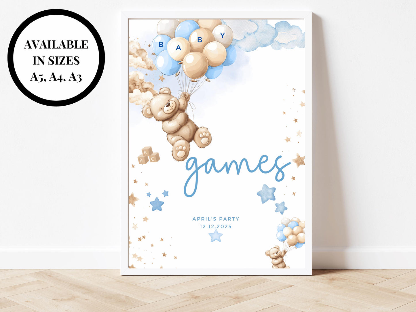 Games Baby Shower Sign/ Personalised Gender Reveal Neutral Bear Poster/ We Can Bearly Wait Party Games/ Baby Boy Blue Balloons Decorations