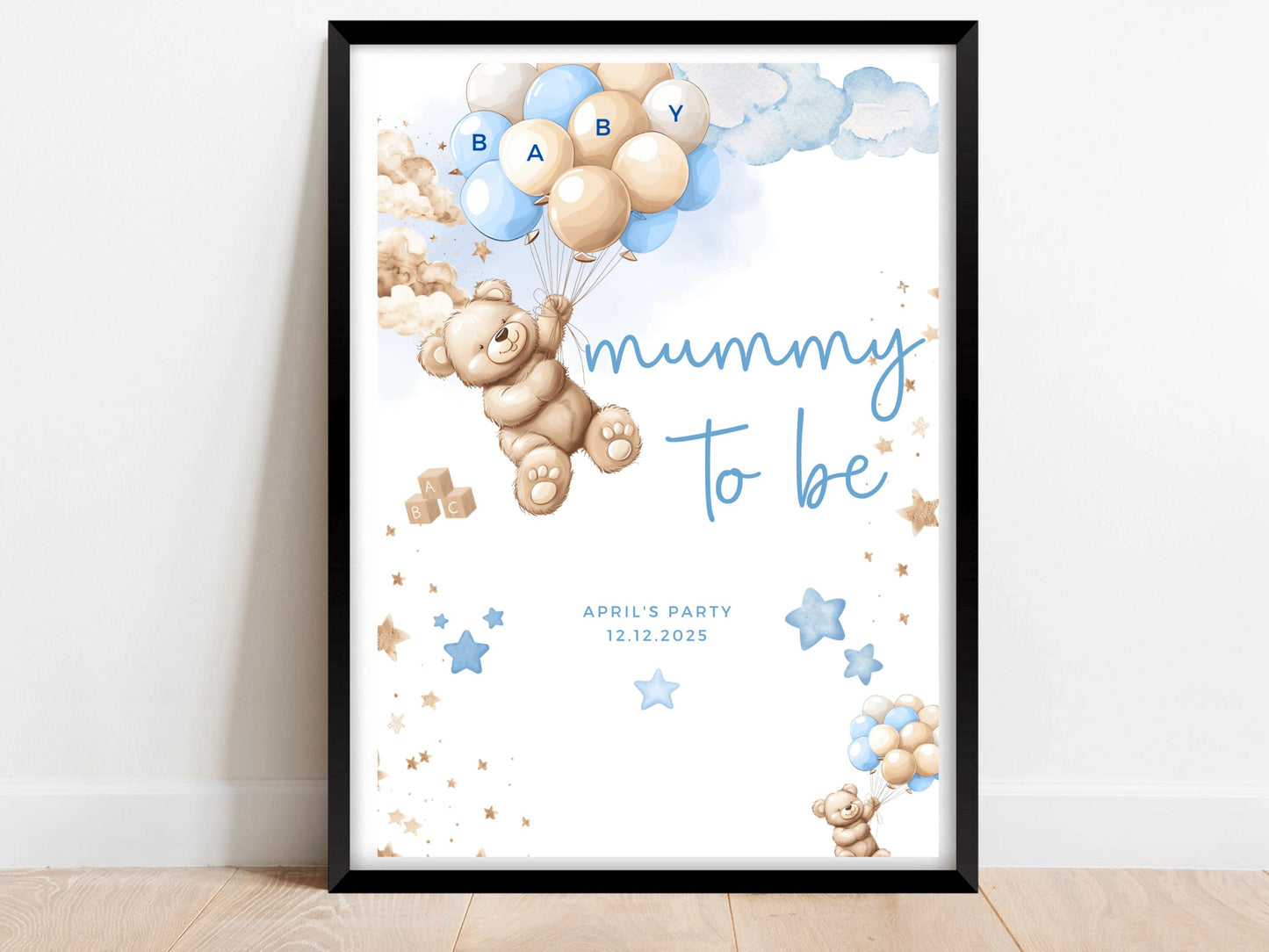 Mummy to Be Baby Shower Sign/ Personalised Gender Reveal Neutral Bear Poster/ We Can Bearly Wait/ Baby Boy Blue Balloons Party Decor