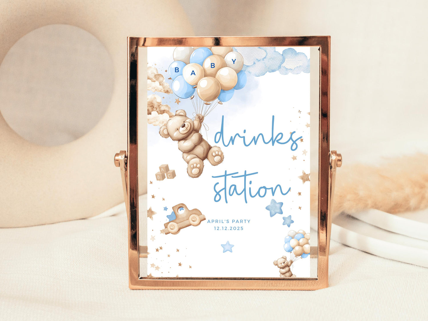 Drinks Station Baby Shower Sign/ Personalised Gender Reveal Neutral Bear Poster/ We Can Bearly Wait/ Baby Boy Blue Balloons Party Decor