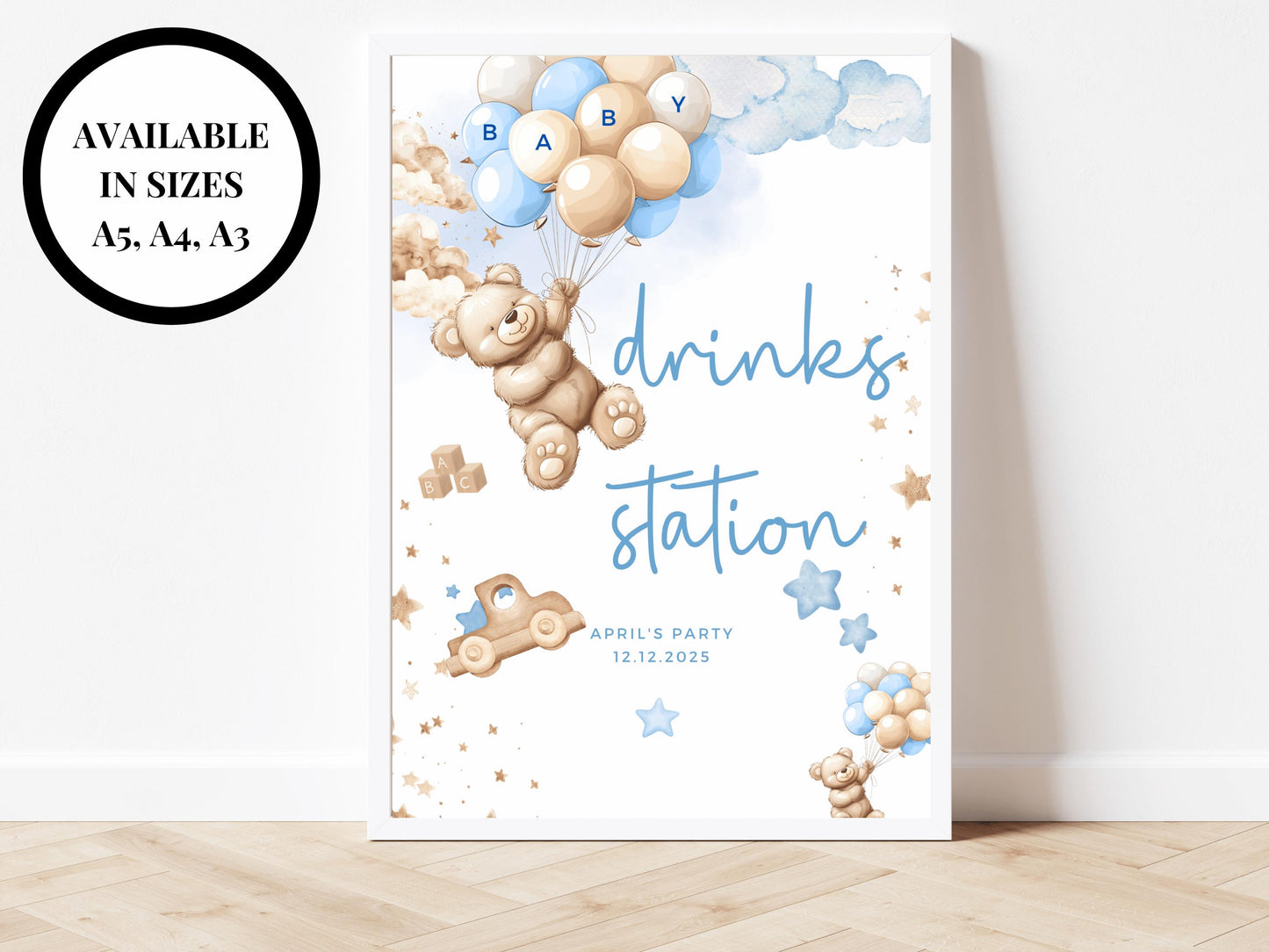 Drinks Station Baby Shower Sign/ Personalised Gender Reveal Neutral Bear Poster/ We Can Bearly Wait/ Baby Boy Blue Balloons Party Decor