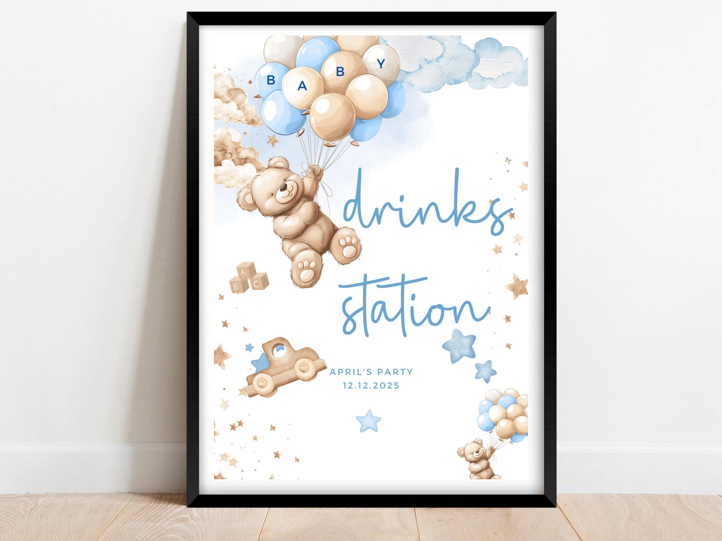 Drinks Station Baby Shower Sign/ Personalised Gender Reveal Neutral Bear Poster/ We Can Bearly Wait/ Baby Boy Blue Balloons Party Decor