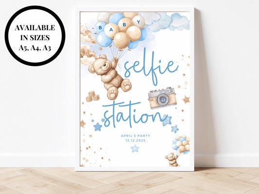 Selfie Station Baby Shower Sign/ Personalised Photo Booth Photography Gender Reveal Neutral Bear/ We Can Bearly Wait/ Baby Boy Blue Balloons