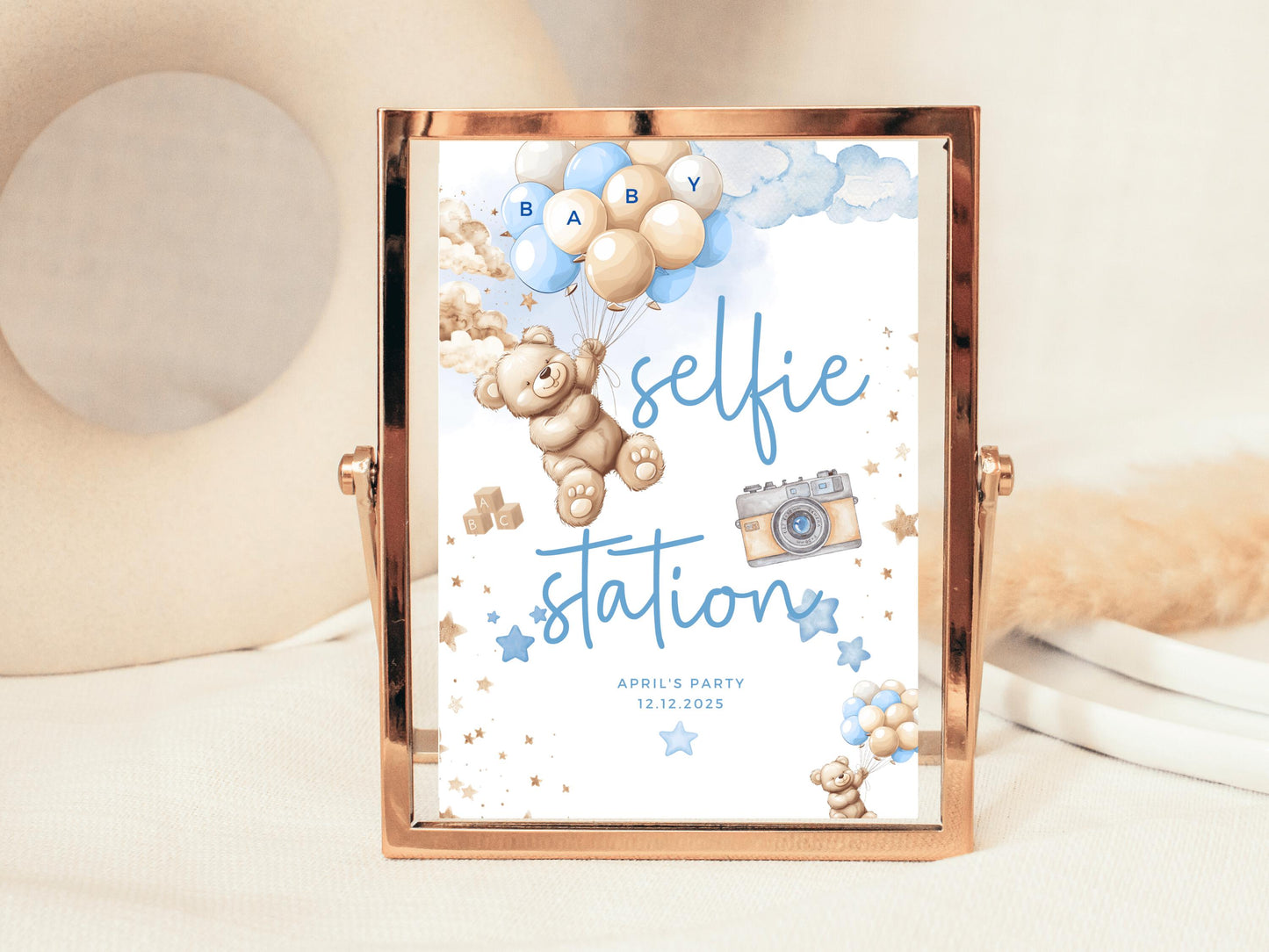 Selfie Station Baby Shower Sign/ Personalised Photo Booth Photography Gender Reveal Neutral Bear/ We Can Bearly Wait/ Baby Boy Blue Balloons