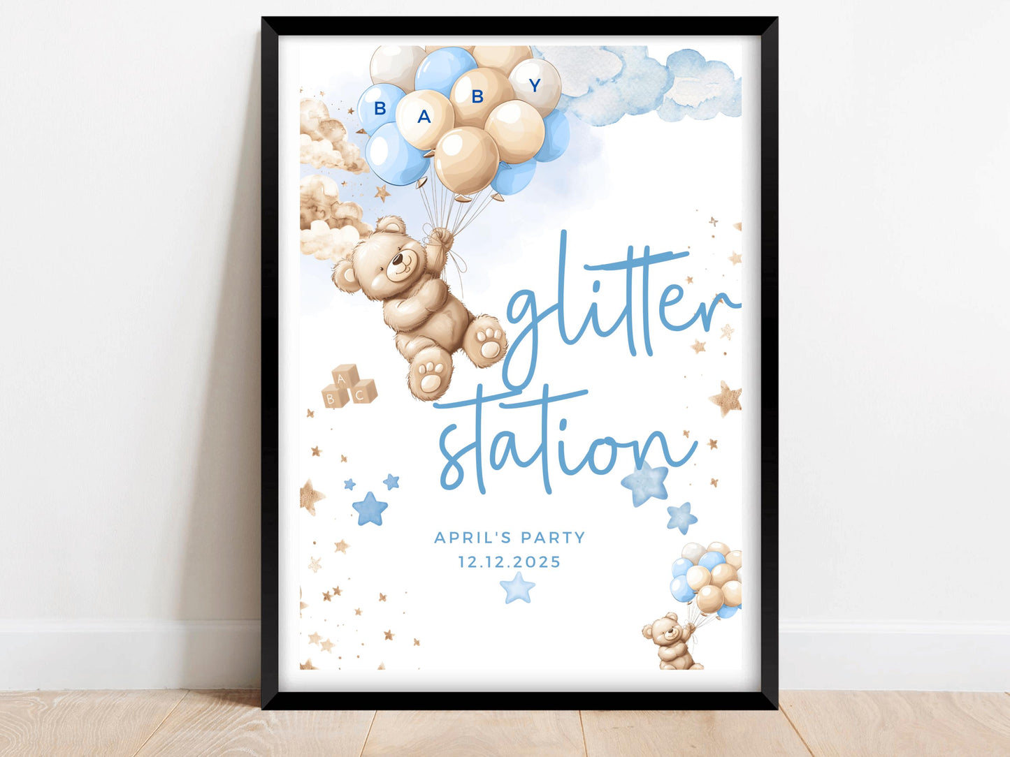 Glitter Station Baby Shower Sign/ Personalised Fun Face Painting Games Gender Reveal Neutral Bear/ We Can Bearly Wait/Baby Boy Blue Balloons