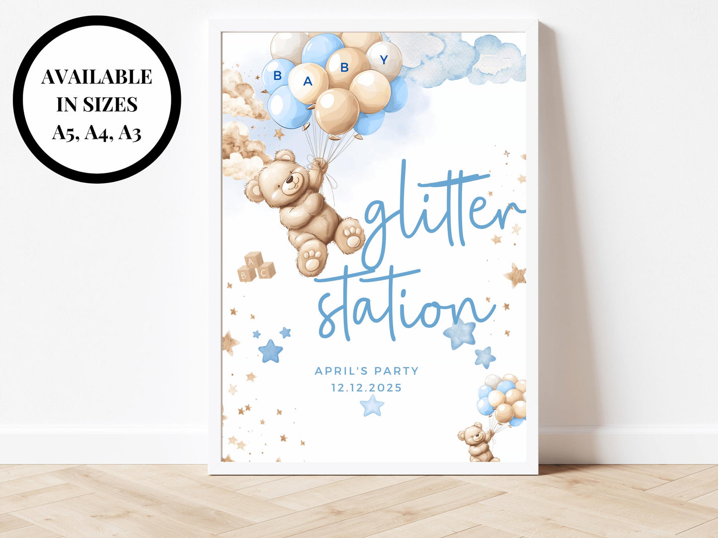 Glitter Station Baby Shower Sign/ Personalised Fun Face Painting Games Gender Reveal Neutral Bear/ We Can Bearly Wait/Baby Boy Blue Balloons