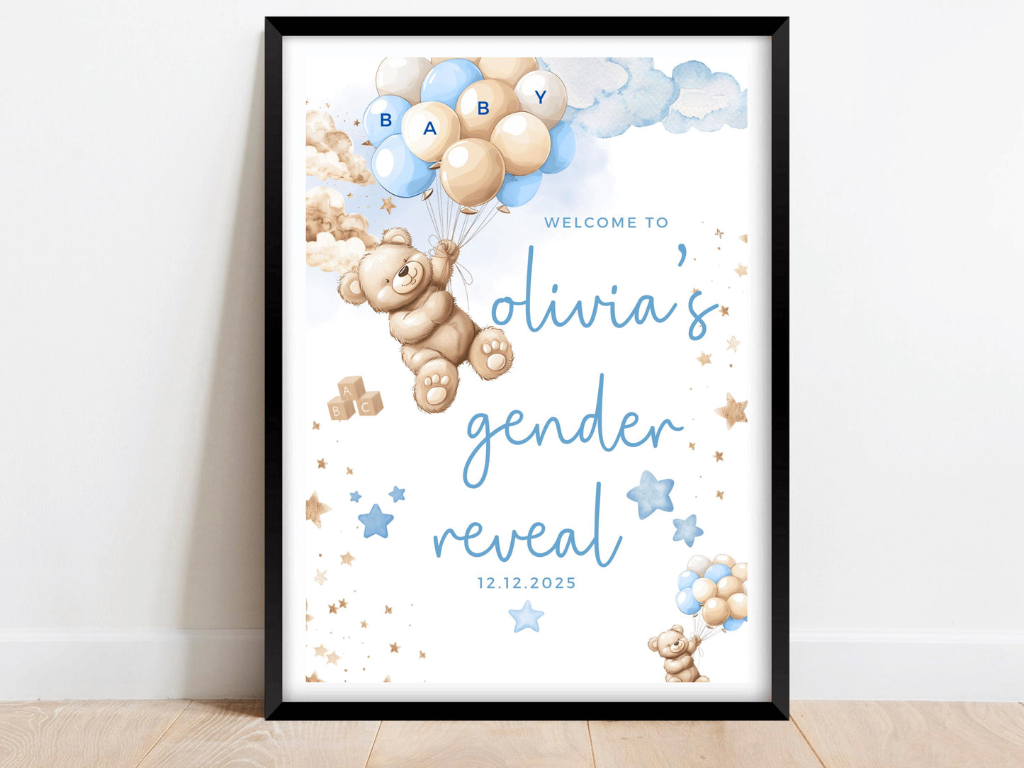 Gender Reveal Neutral Welcome Sign/ Personalised Bear Baby Shower Poster/ We Can Bearly Wait Mummy to Be/ Baby Boy Blue Bear Balloons Decor