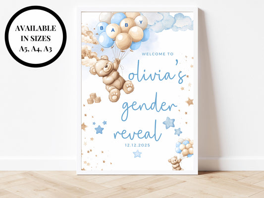 Gender Reveal Neutral Welcome Sign/ Personalised Bear Baby Shower Poster/ We Can Bearly Wait Mummy to Be/ Baby Boy Blue Bear Balloons Decor