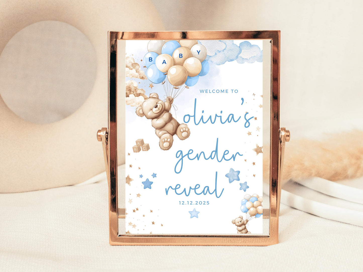 Gender Reveal Neutral Welcome Sign/ Personalised Bear Baby Shower Poster/ We Can Bearly Wait Mummy to Be/ Baby Boy Blue Bear Balloons Decor