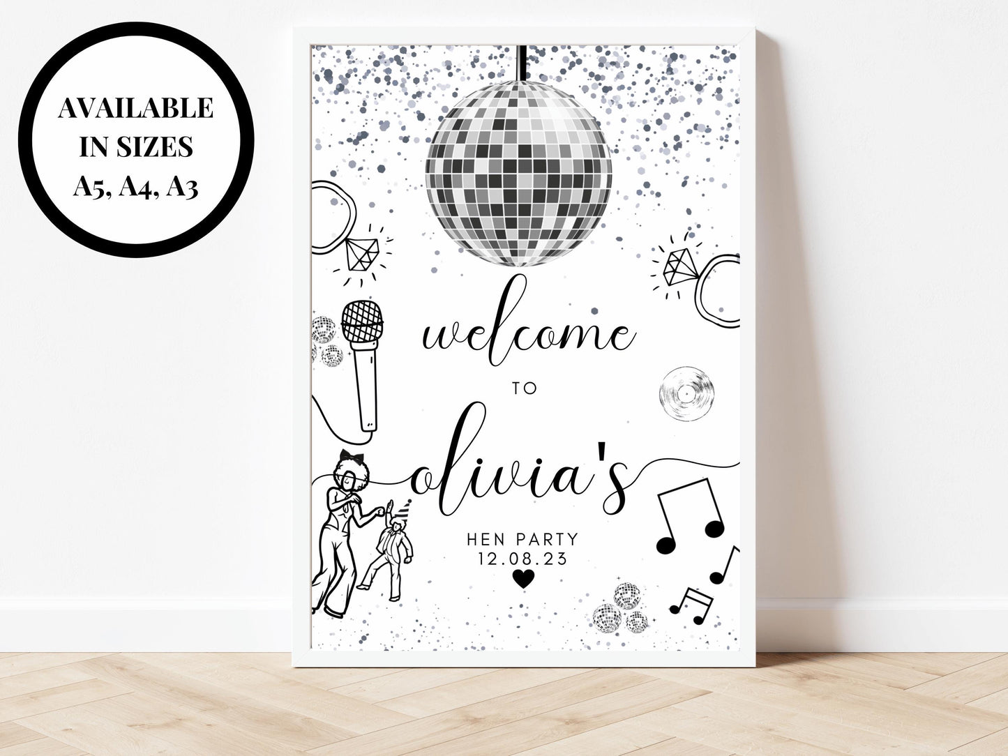 Welcome Sign/ Personalised Silver Disco Ball Hen Party Decor/ Bridal Shower  Keepsake/ Silver Theme Bridal Shower/ Last Disco as a Miss