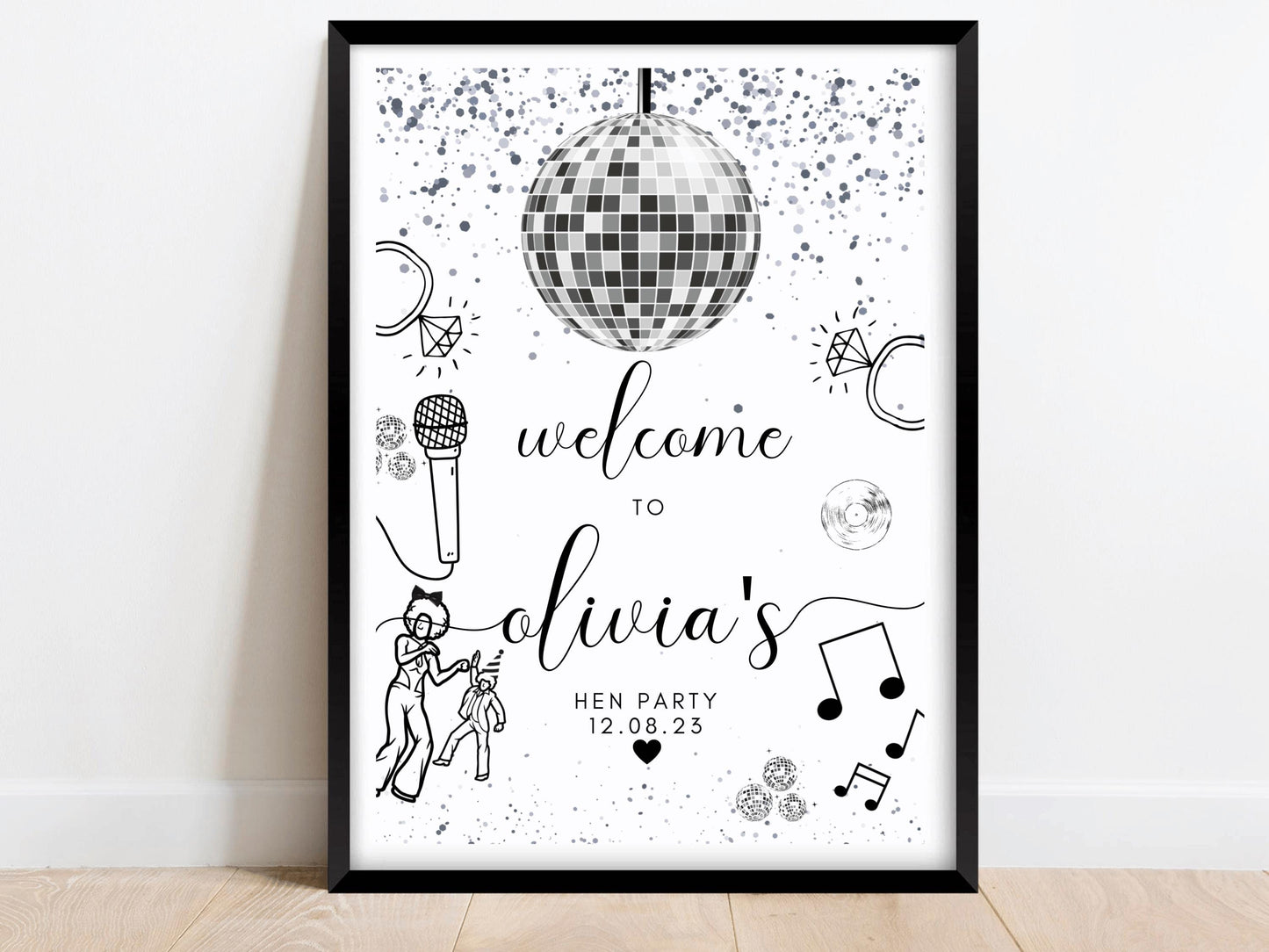 Welcome Sign/ Personalised Silver Disco Ball Hen Party Decor/ Bridal Shower  Keepsake/ Silver Theme Bridal Shower/ Last Disco as a Miss