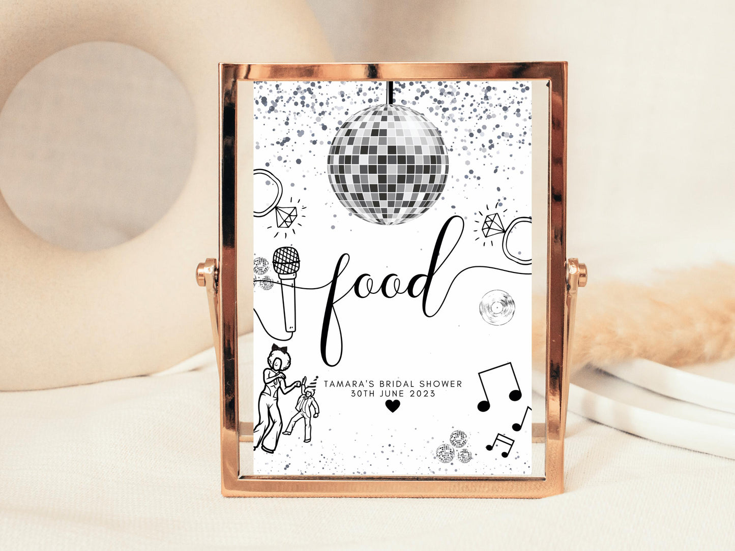 Food Sign/ Personalised Silver Disco Ball Hen Party Decor/ Bridal Shower Keepsake/ Silver Theme Bachelorette/ Last Disco as a Miss Poster