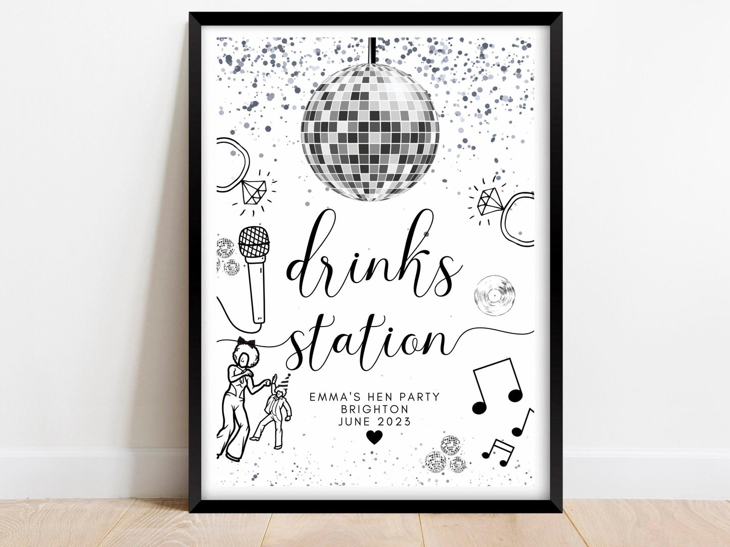 Drinks Station Sign/ Personalised Silver Disco Ball Hen Party Decor/ Drinks Alcohol Cocktail Bridal Shower/ Silver Last Disco Poster