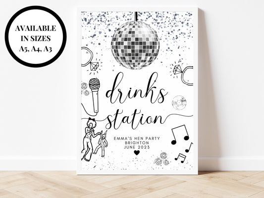 Drinks Station Sign/ Personalised Silver Disco Ball Hen Party Decor/ Drinks Alcohol Cocktail Bridal Shower/ Silver Last Disco Poster