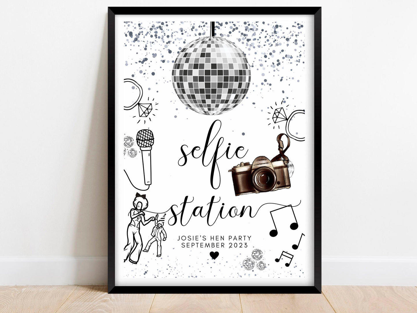 Selfie Station Sign/ Personalised Photography Photo Booth Silver Disco Ball Hen Party Decor/ Bridal Shower/ Silver Theme Last Disco Poster