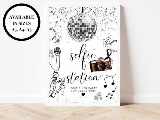 Selfie Station Sign/ Personalised Photography Photo Booth Silver Disco Ball Hen Party Decor/ Bridal Shower/ Silver Theme Last Disco Poster