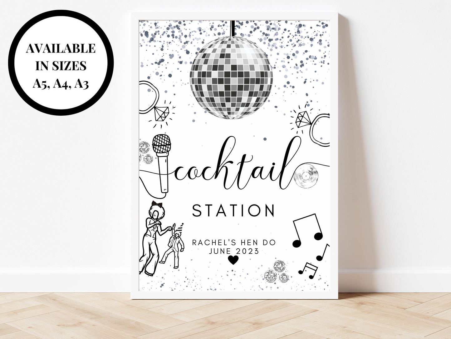 Cocktail Station Sign/ Personalised Silver Disco Ball Hen Party Decor/ Drinks Alcohol Mocktail Bridal Shower/ Silver Last Disco Poster