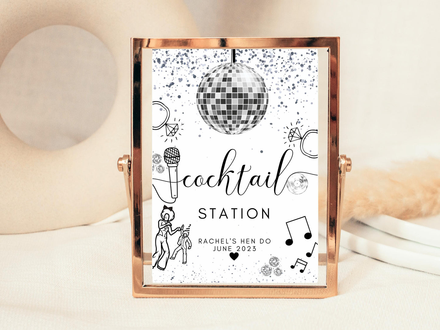 Cocktail Station Sign/ Personalised Silver Disco Ball Hen Party Decor/ Drinks Alcohol Mocktail Bridal Shower/ Silver Last Disco Poster