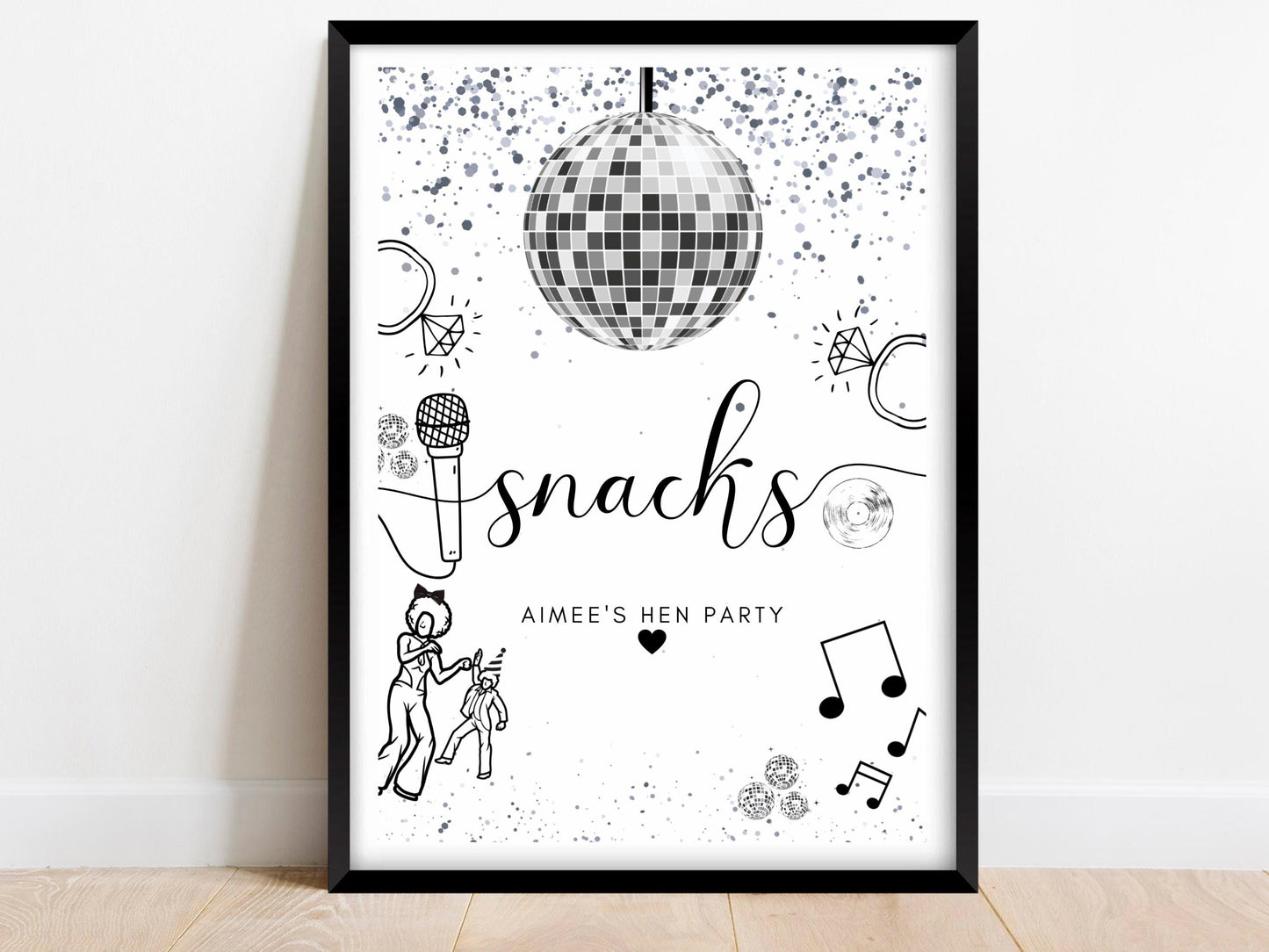 Snacks Sign/ Personalised Silver Disco Ball Hen Party Decor/ Bridal Shower Keepsake/ Silver Theme Bachelorette/ Last Disco as a Miss Poster