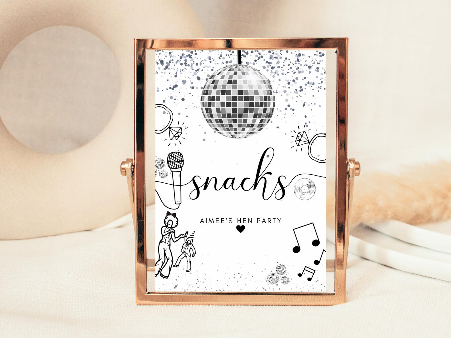 Snacks Sign/ Personalised Silver Disco Ball Hen Party Decor/ Bridal Shower Keepsake/ Silver Theme Bachelorette/ Last Disco as a Miss Poster