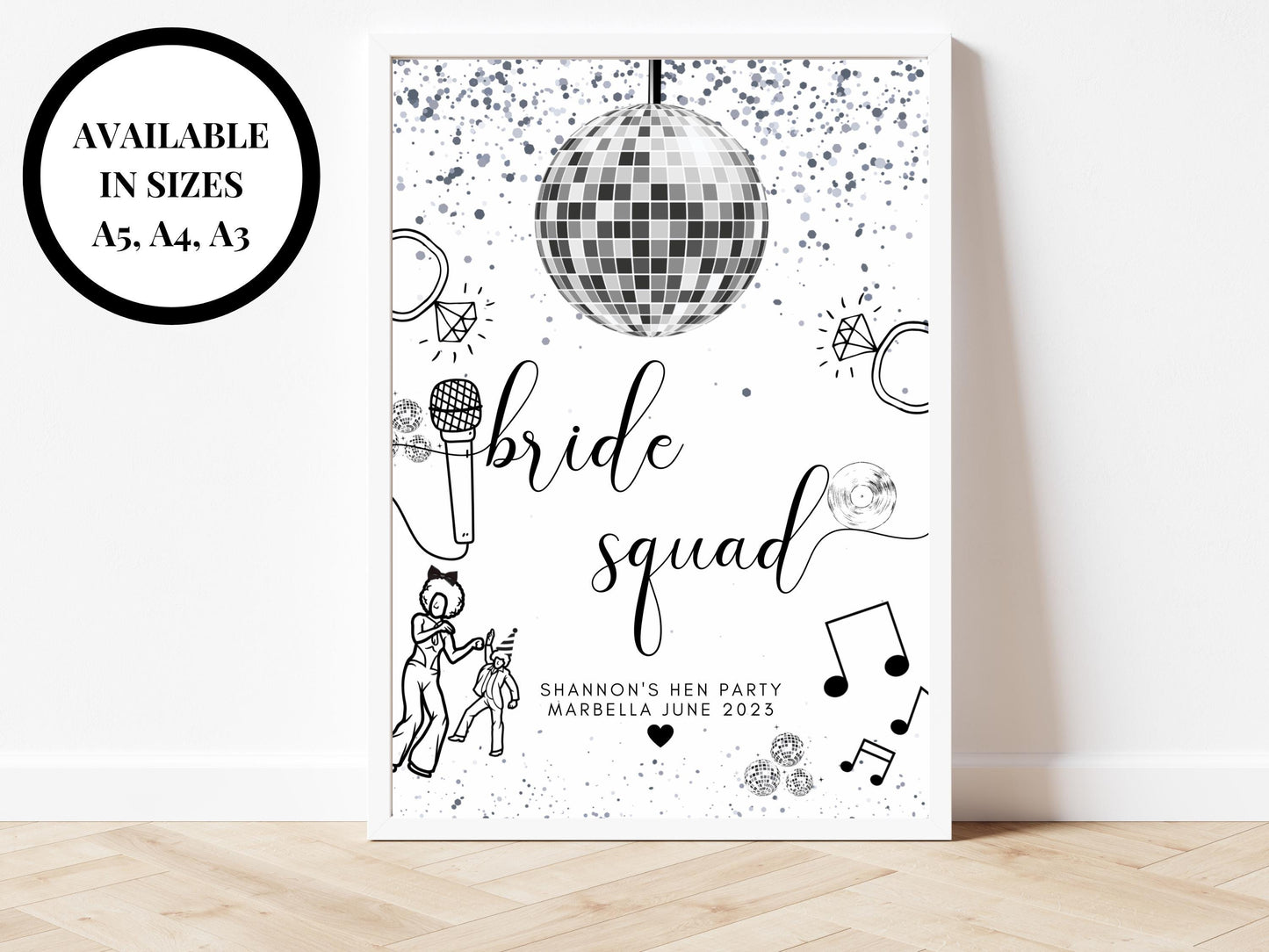 Bride Squad Sign/ Personalised Silver Disco Ball Hen Party Decor/ Bridal Shower Keepsake/ Silver Theme Bachelorette/ Last Disco Poster