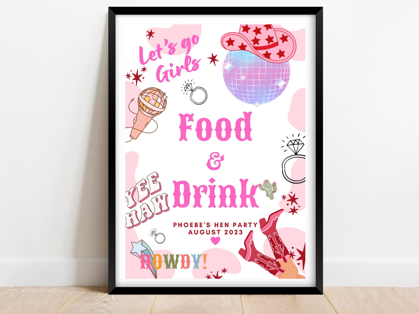 Food and Drinks Sign/ Last Rodeo Personalised Cowgirl Disco Ball Hen Party/ Bridal Shower/ Let's Go Girls Nashville/ Nash Bash Country Sign