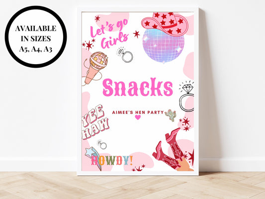 Snacks Sign/ Last Rodeo Personalised Cowgirl Hen Party/ Bridal Shower/ Food Dessert Cake/ Let's Go Girls Nashville/ Nash Bash Country Sign