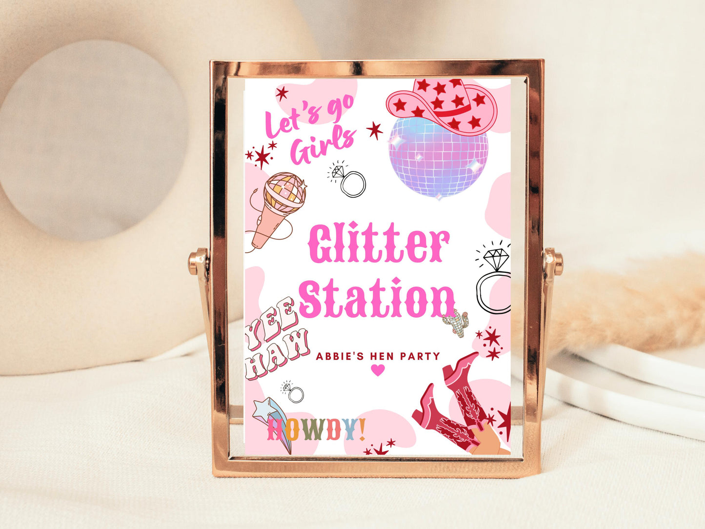 Glitter Station Sign/ Last Rodeo Personalised Disco Ball Hen Party/ Fun Face Painting/ Let's Go Girls Nashville/ Nash Bash Country Sign