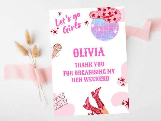 Thank You for Organising My Hen Weekend Card/ Last Rodeo Personalised Disco Hen Party/ Let's Go Girls Nashville/Nash Bash Country Gifts Card