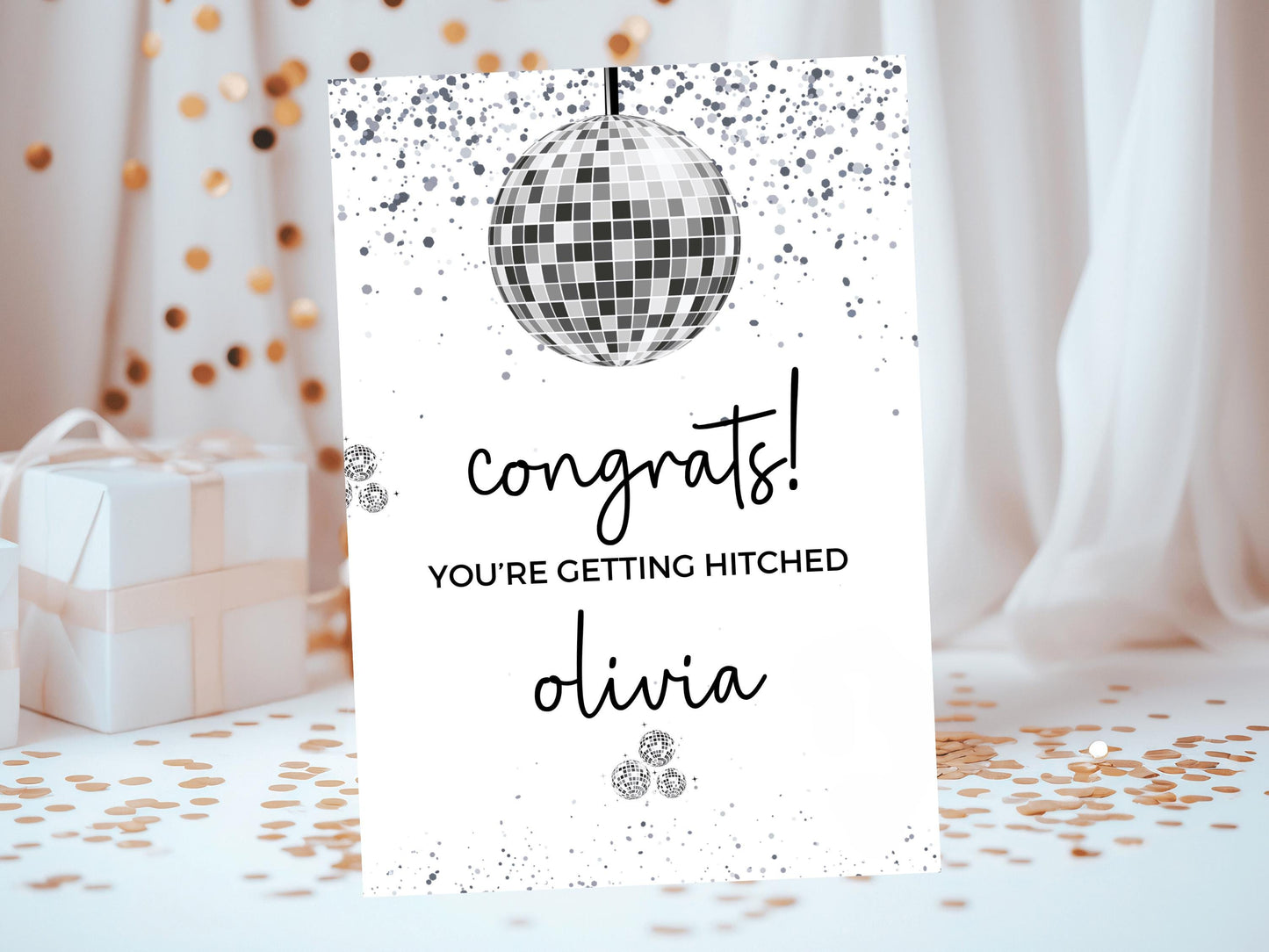 Congrats Youre Getting Hitched Card/ Personalised Silver Disco Ball Hen Party Greetings Card/ Bridal Shower/ Last Disco Bachelorette Card