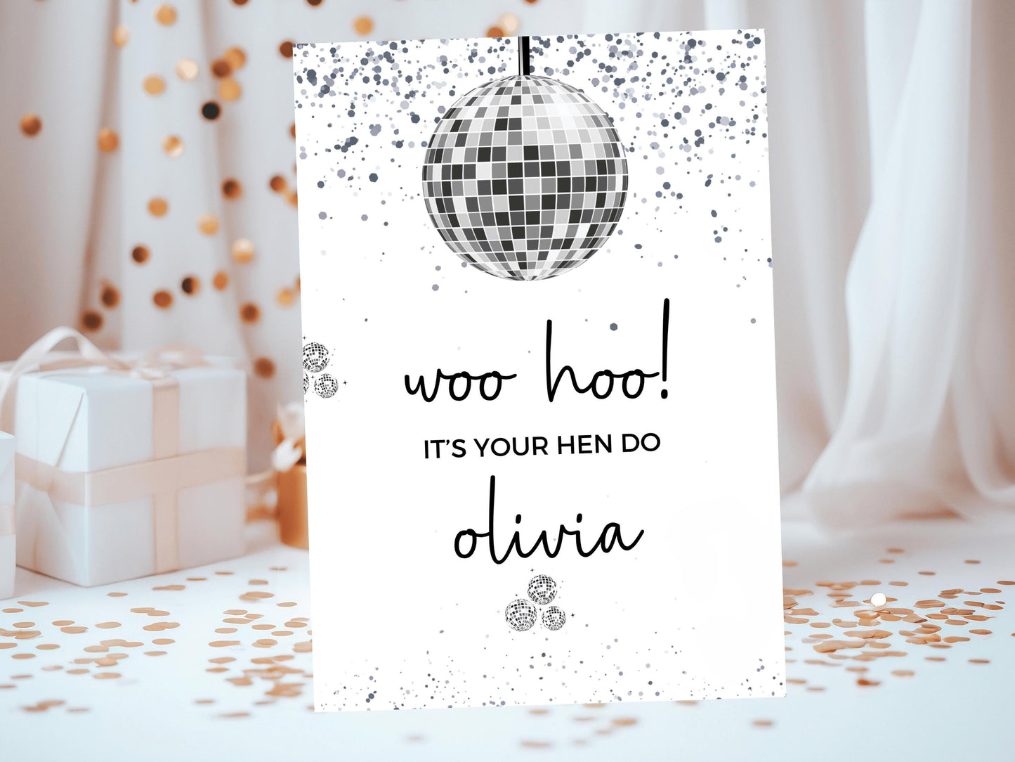 Woo Hoo Its Your Hen Do Hitched Card/ Personalised Silver Disco Ball Hen Party Greetings Card/ Bridal Shower/ Last Disco Bachelorette Card