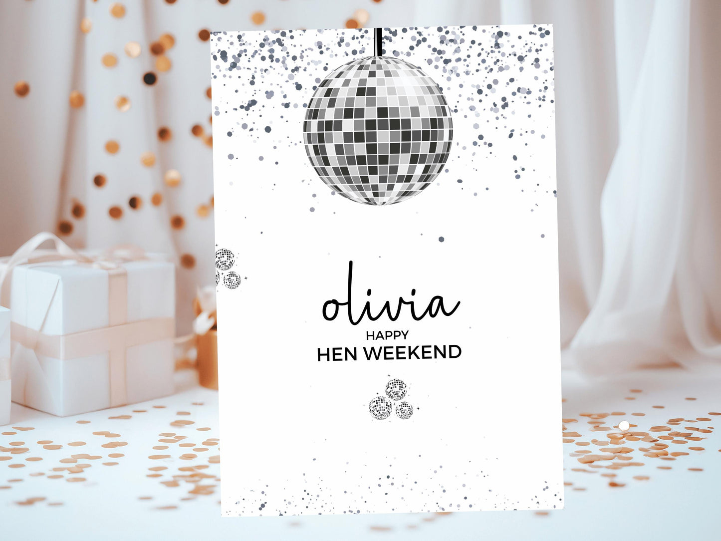 Happy Hen Weekend Card/ Personalised Silver Disco Ball Hen Party Greetings Card/ Team Bride Bridal Shower/ Last Disco Bachelorette Card