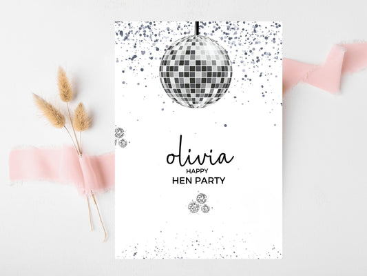 Happy Hen Party Card/ Personalised Silver Disco Ball Hen Party Greetings Card/ Team Bride Bridal Shower/ Last Disco Bachelorette Card