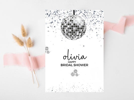 Happy Bridal Shower Card/ Personalised Silver Disco Ball Hen Party Greetings Card/ Team Bride Bridal Shower/ Last Disco Bachelorette Card