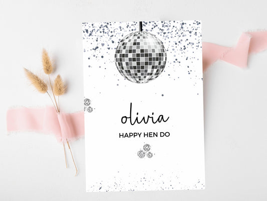 Happy Hen Do Card/ Personalised Silver Disco Ball Hen Party Greetings Card/ Team Bride Bridal Shower/ Last Disco Bachelorette Card