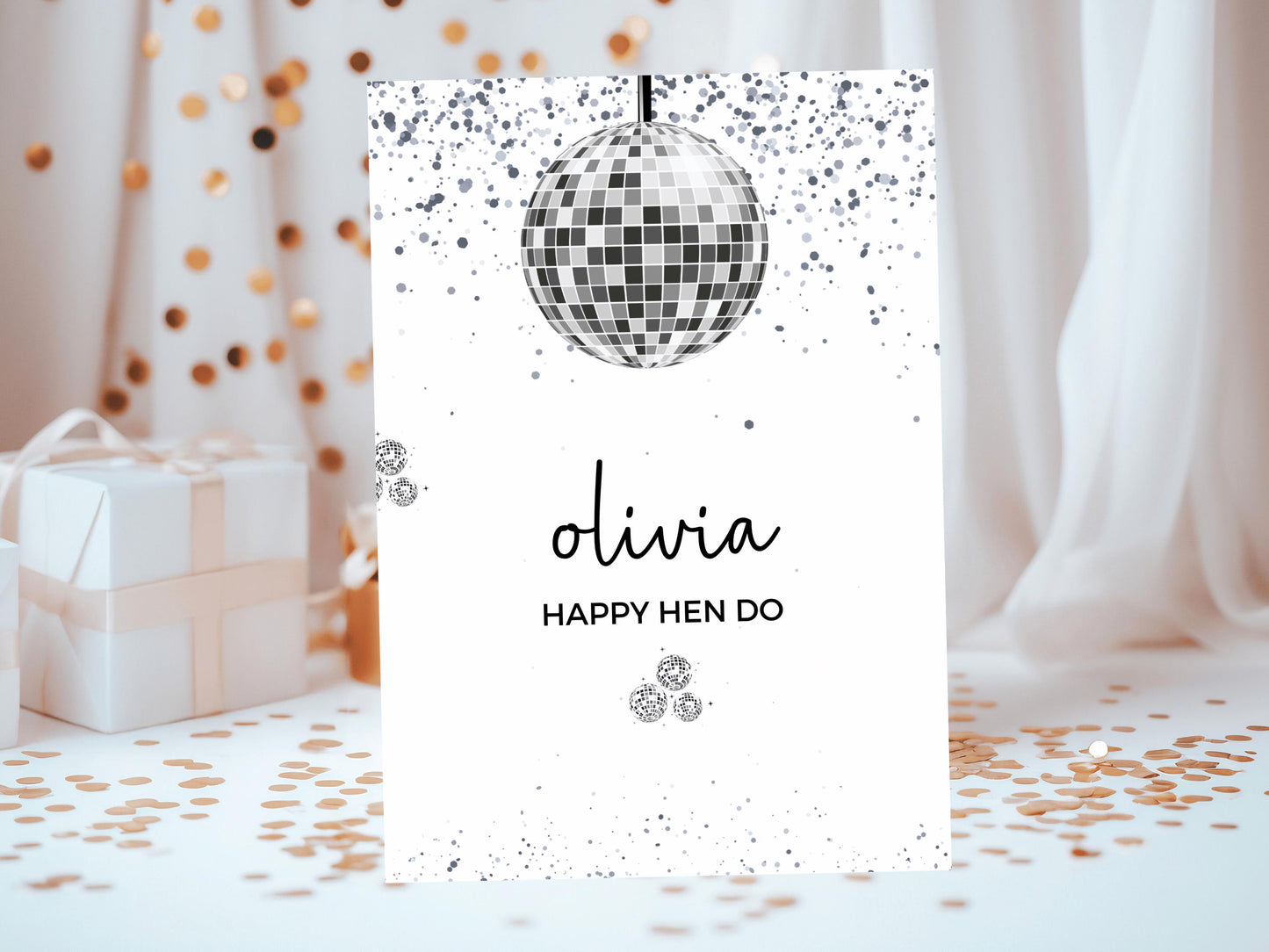 Happy Hen Do Card/ Personalised Silver Disco Ball Hen Party Greetings Card/ Team Bride Bridal Shower/ Last Disco Bachelorette Card