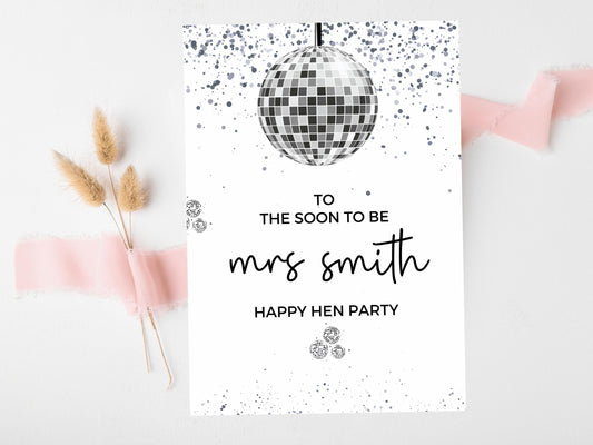 To the Soon to Be Mrs Card/ Personalised Silver Disco Ball Hen Party Weekend Greetings Card/ Team Bride Bridal Shower/ Last Disco Card