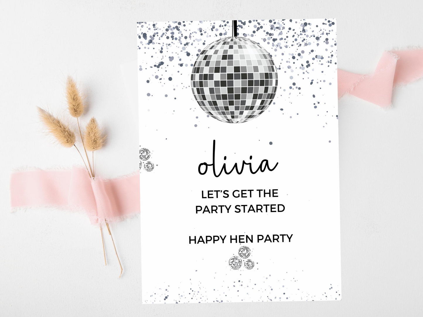 Lets Get the Party Started Hen Party Card/ Personalised Silver Disco Ball Hen Party Greetings Card/ Team Bride Bridal Shower/ Last Disco