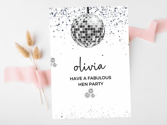 Have a Fabulous Hen Party Card/ Personalised Silver Disco Ball Hen Party Greetings Card/ Team Bride Bridal Shower/ Last Disco Card