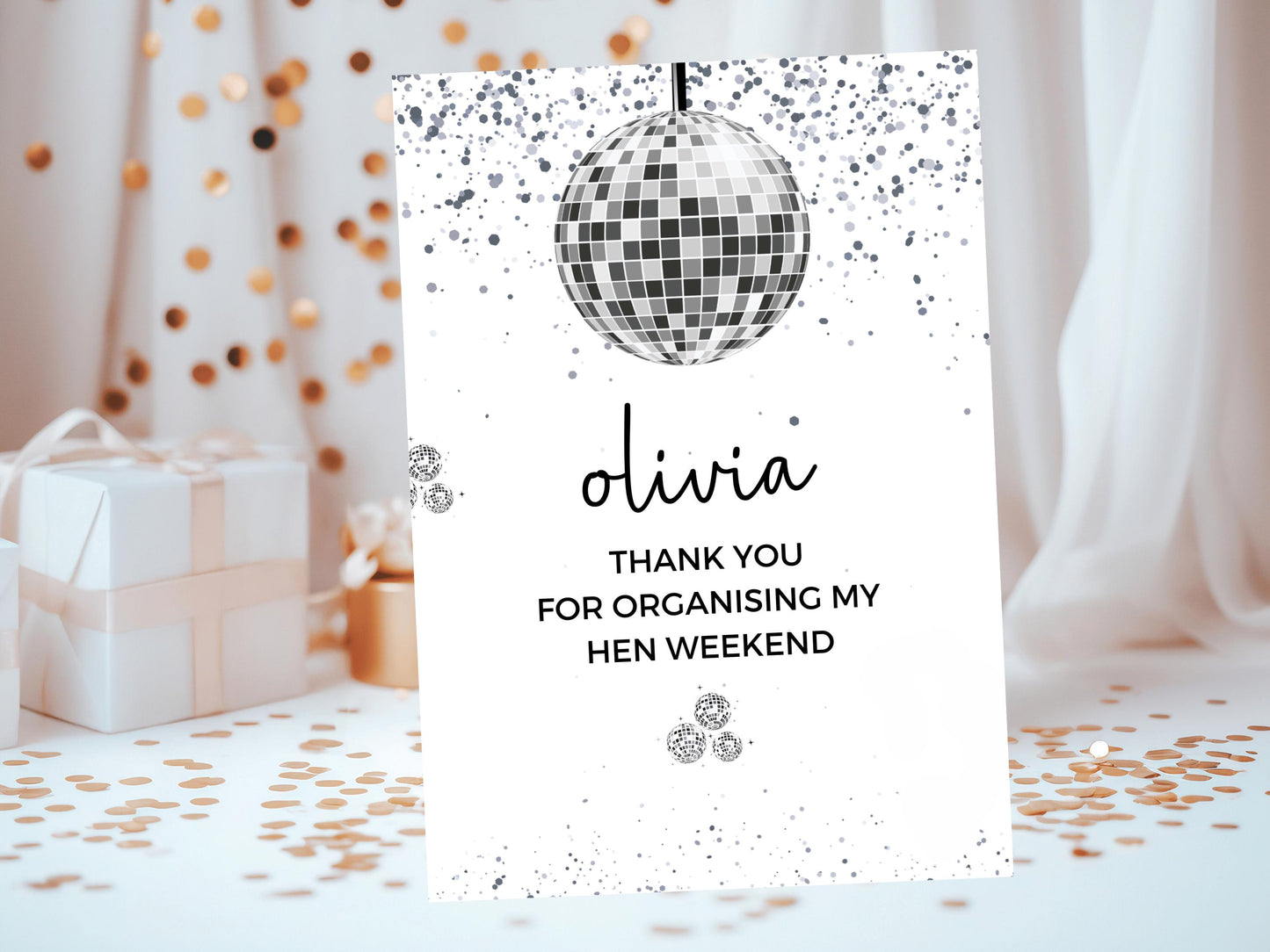 Thank You for Organising My Hen Weekend Card/ Personalised Silver Disco Ball Hen Party Greetings Card/ Team Bride Bridal Shower/ Last Disco