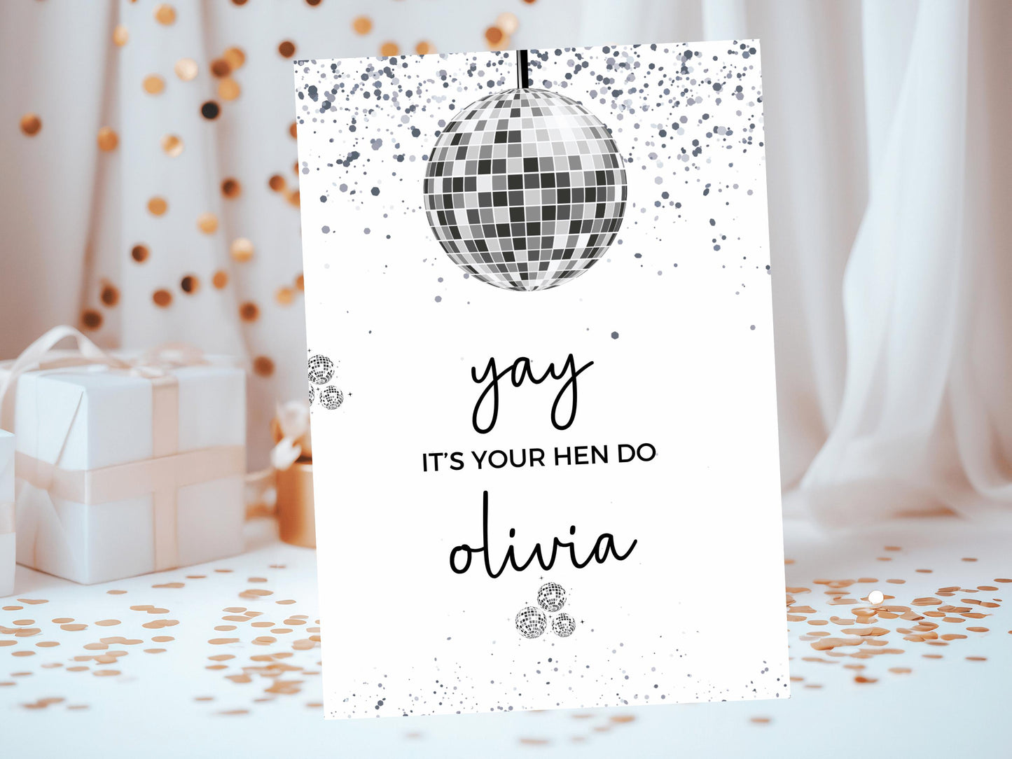 Yay Its Your Hen Do Card/ Personalised Silver Disco Ball Hen Party Greetings Card/ Team Bride Bridal Shower/ Last Disco Bachelorette Card