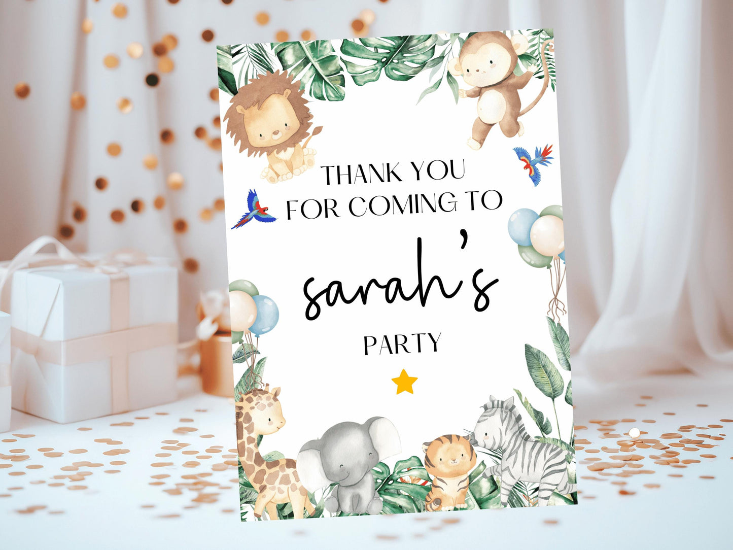 Thank you for Coming to My Party Card/ Safari Theme Birthday Greetings Cards/ Childrens Birthday Party/ Jungle Animals/ Wild One Birthday