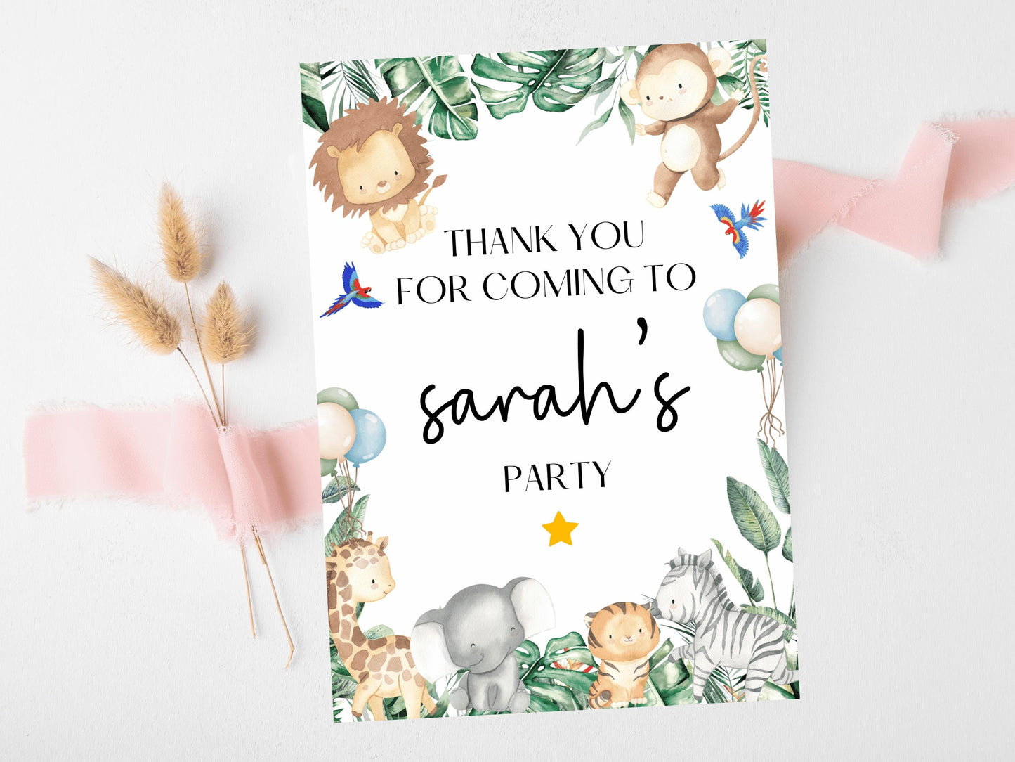 Thank you for Coming to My Party Card/ Safari Theme Birthday Greetings Cards/ Childrens Birthday Party/ Jungle Animals/ Wild One Birthday