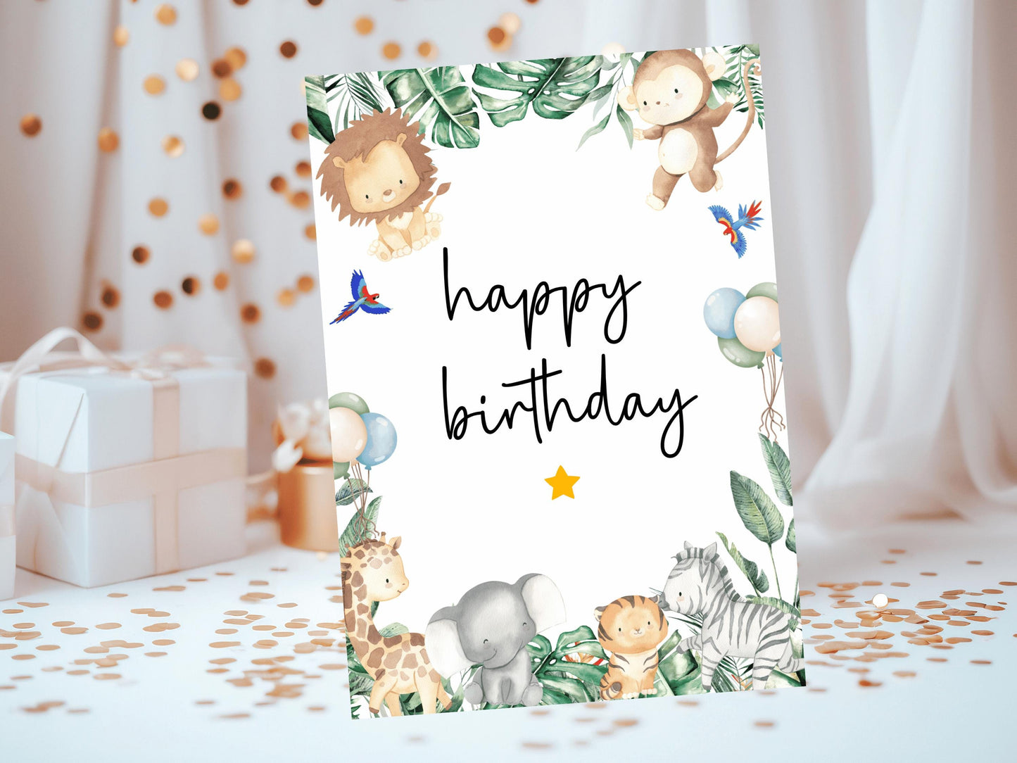 Happy Birthday Party Card/ Safari Theme Birthday Greetings Cards/ Childrens Birthday Party/ Jungle Animals/ Wild King of the Jungle Birthday