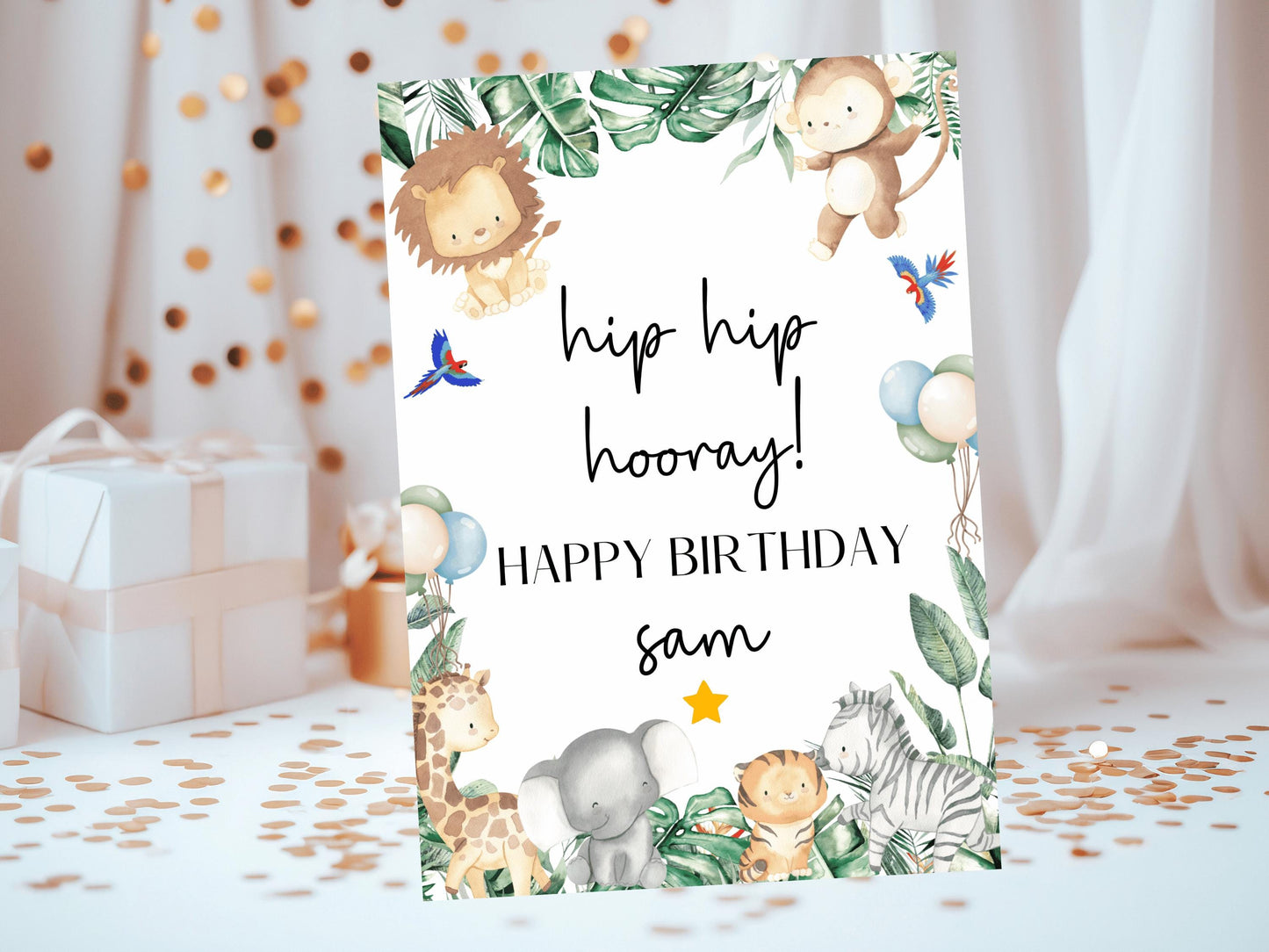 Hip Hip Hooray Happy Birthday Card/ Safari Theme Birthday Greetings Cards/ Childrens Birthday Party/ Jungle Animals/ King of the Jungle Card