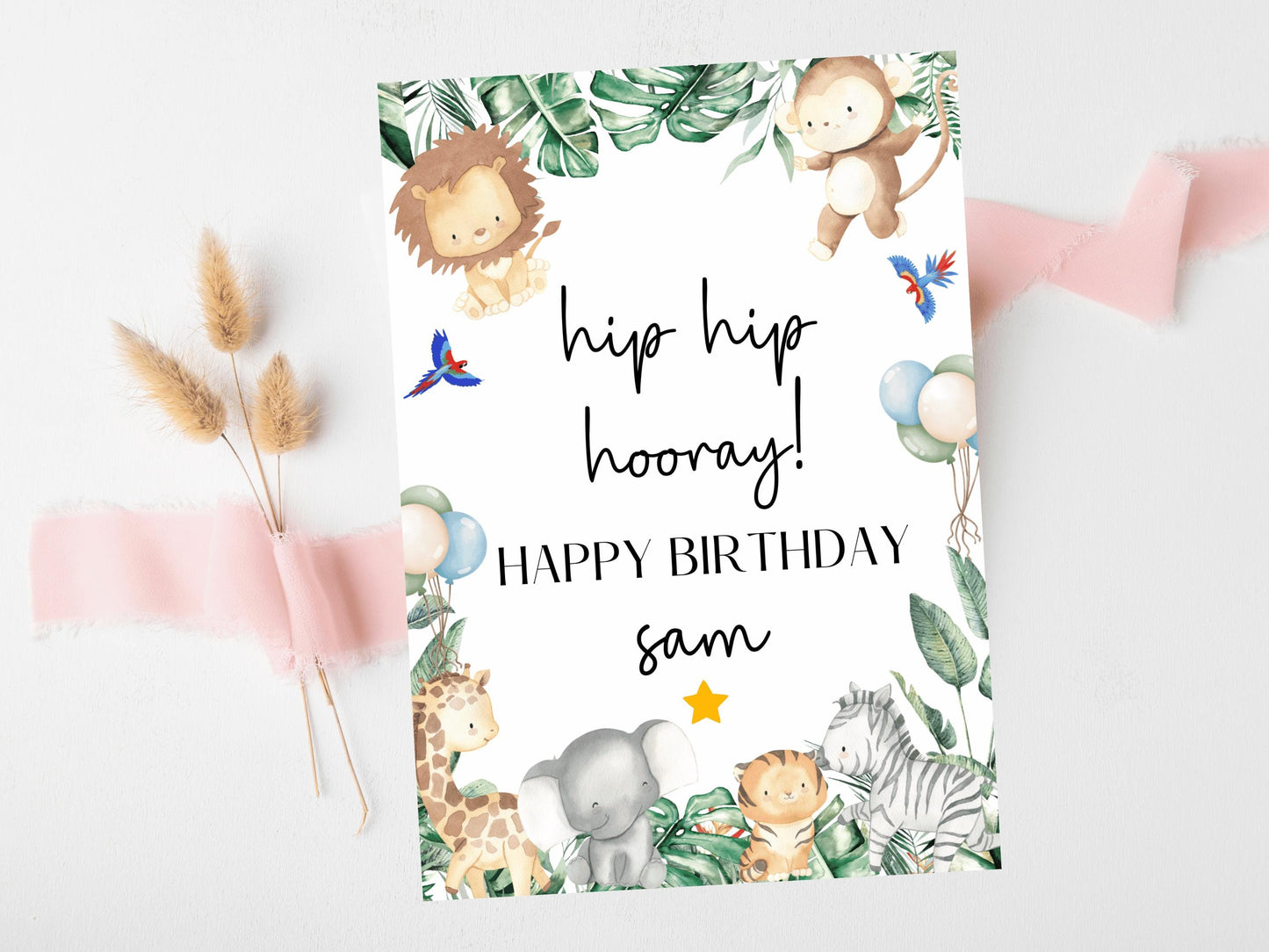 Hip Hip Hooray Happy Birthday Card/ Safari Theme Birthday Greetings Cards/ Childrens Birthday Party/ Jungle Animals/ King of the Jungle Card