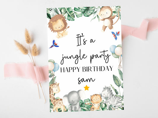 Its a Jungle Happy Birthday Party Card/ Safari Theme Birthday Greetings Cards/ Childrens Birthday Party/ Jungle Animals/ King of the Jungle